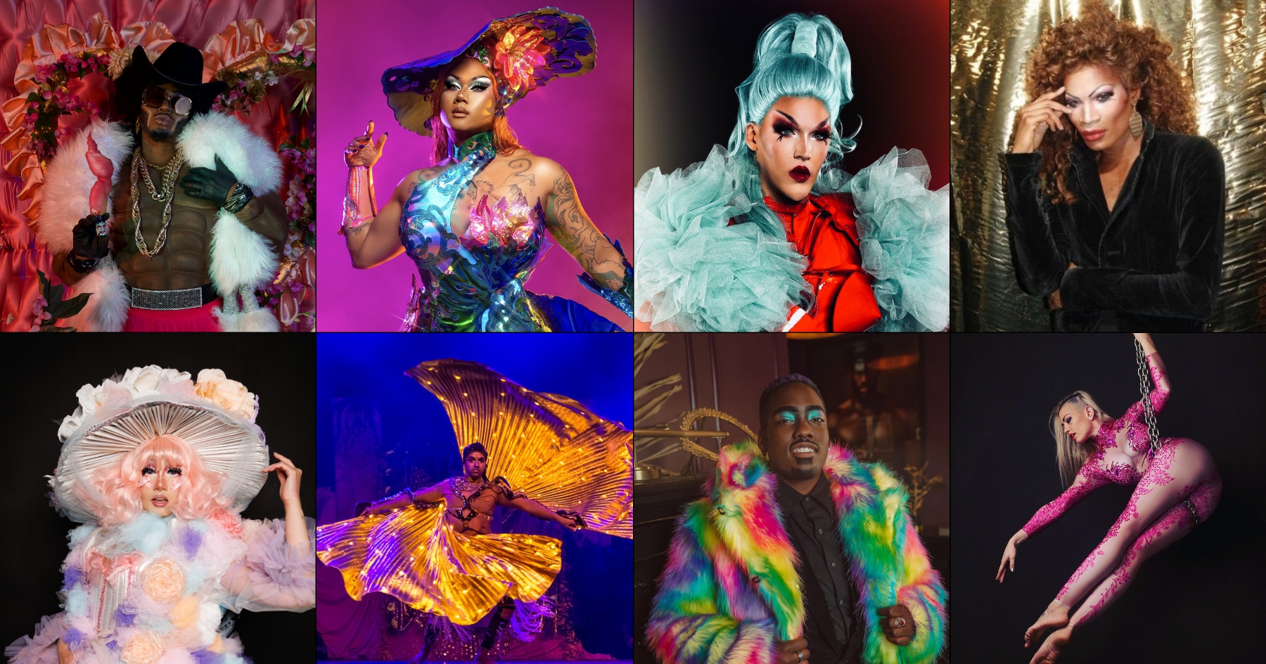 Photo collage of colorful photos of the drag, circus, aerial performers of Pride at Yerba Buena
