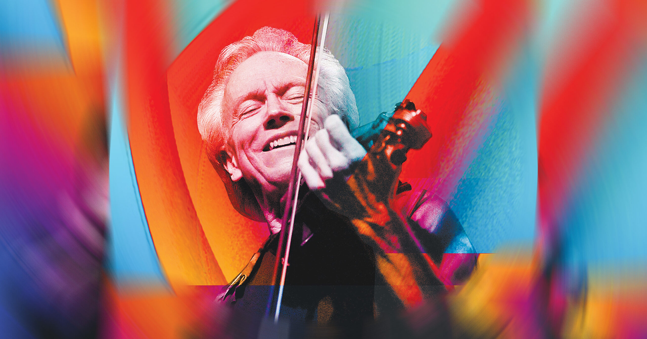 Multicolored graphic with a photo of Tom Rigney smiling and playing violin